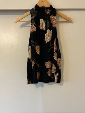 a new day Black Top with Brown and Cream Floral Detail